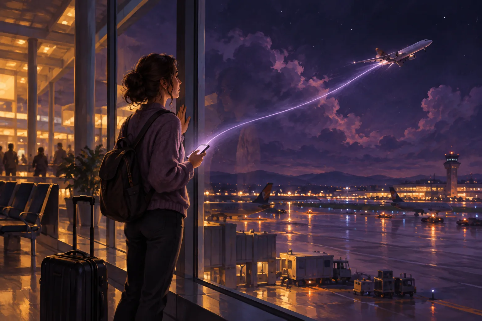 Illustration of a woman at an airport window at night, one hand on the glass, watching a plane take off while a soft lavender arc of light rises from her phone toward it