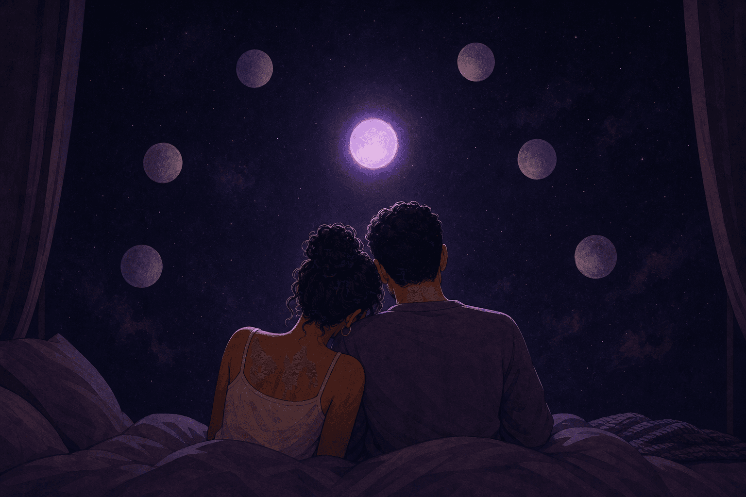 Illustration of a couple sitting close on their bed at night, looking up at seven floating orbs; six are dim, one glows soft lavender