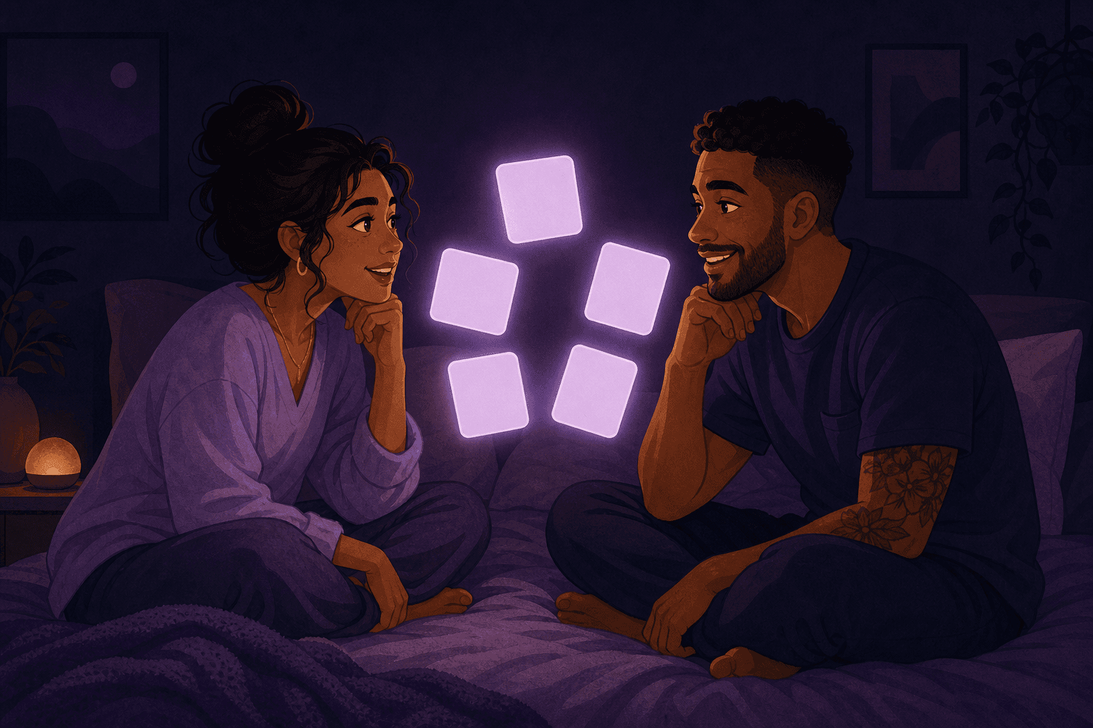 Illustration of a couple sitting cross-legged on their bed at night, five glowing lavender question cards floating between them