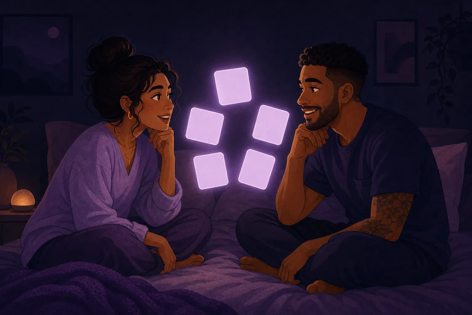 Illustration of a couple sitting cross-legged on their bed at night, five glowing lavender question cards floating between them