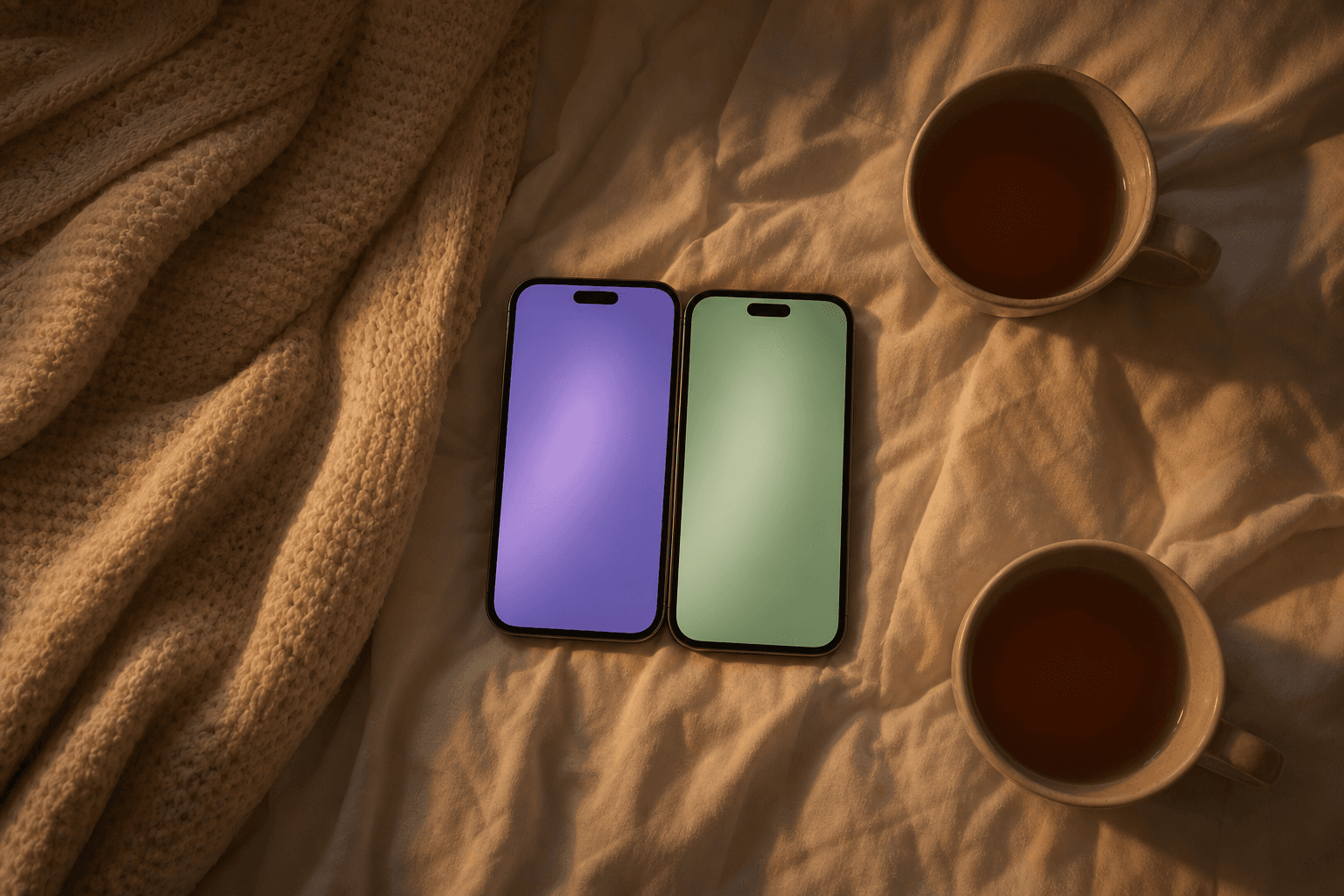 Two phones side by side on a bed at night, each glowing a soft mood color, next to two mugs of tea