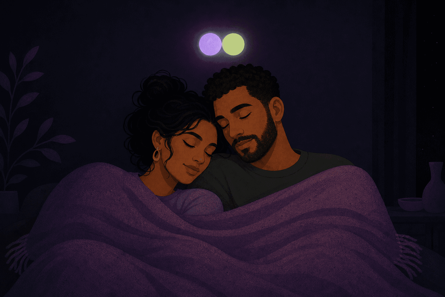 Illustration of a couple resting against each other under a blanket at night, two glowing orbs, one lavender and one sage, meeting above their heads
