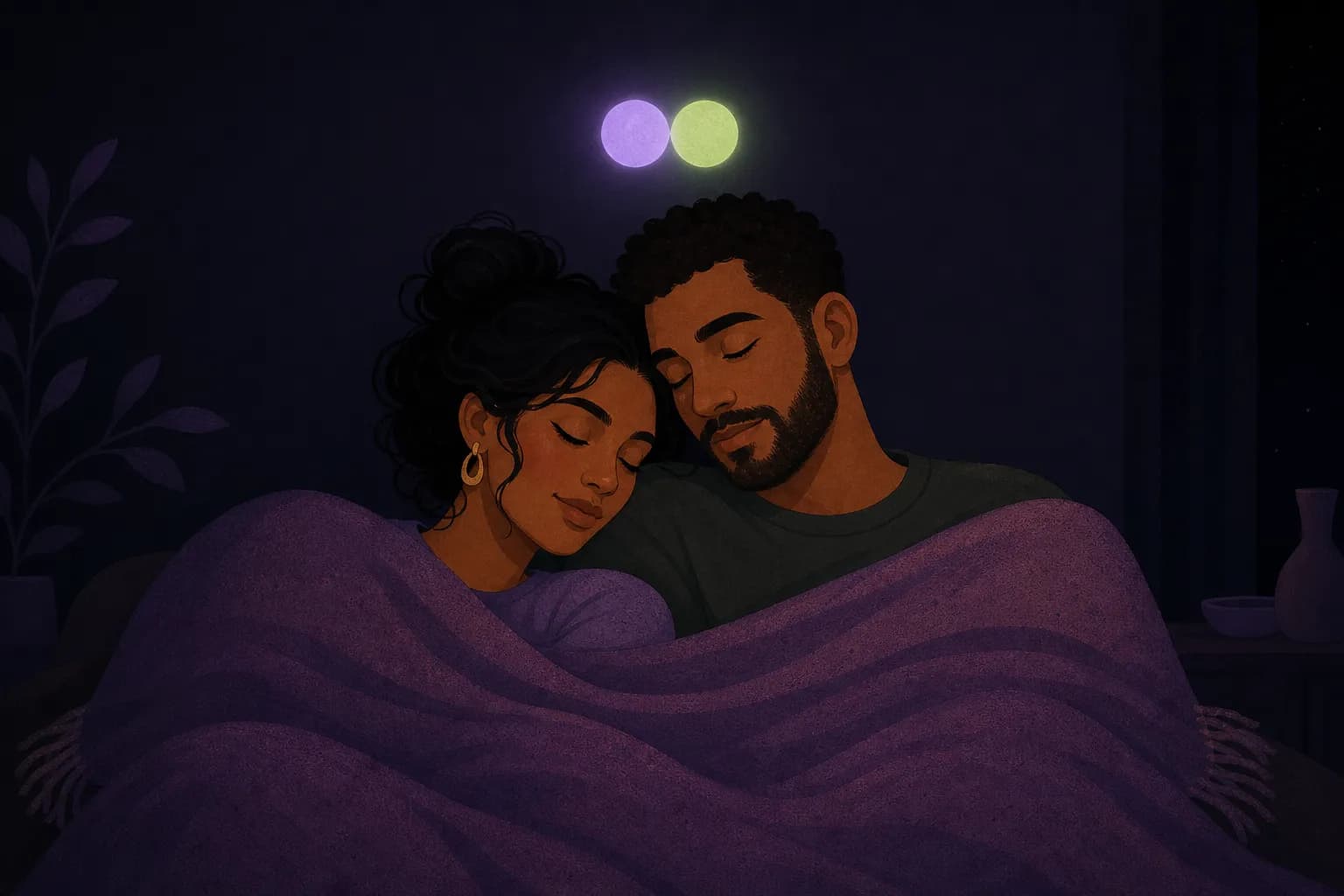 Illustration of a couple resting against each other under a blanket at night, two glowing orbs, one lavender and one sage, meeting above their heads