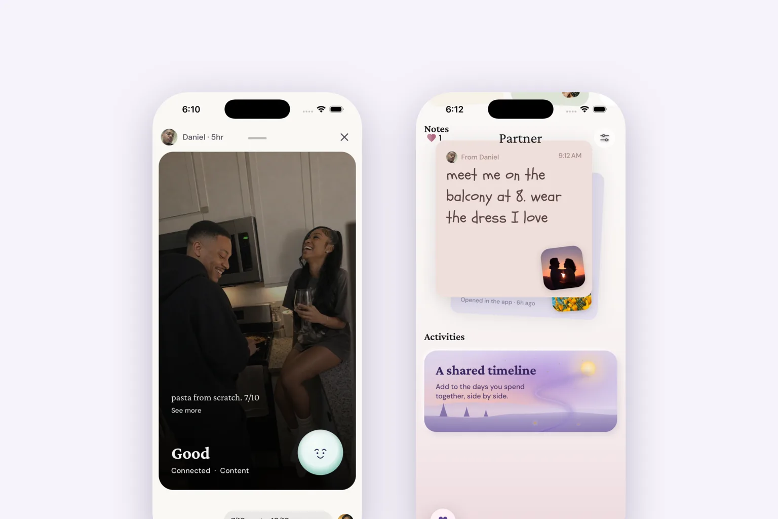 Two BeSeen screens: a partner's check-in with a kitchen photo and the reply 7/10 pasta, 10/10 company, and a handwritten love note with a sunset photo of the couple