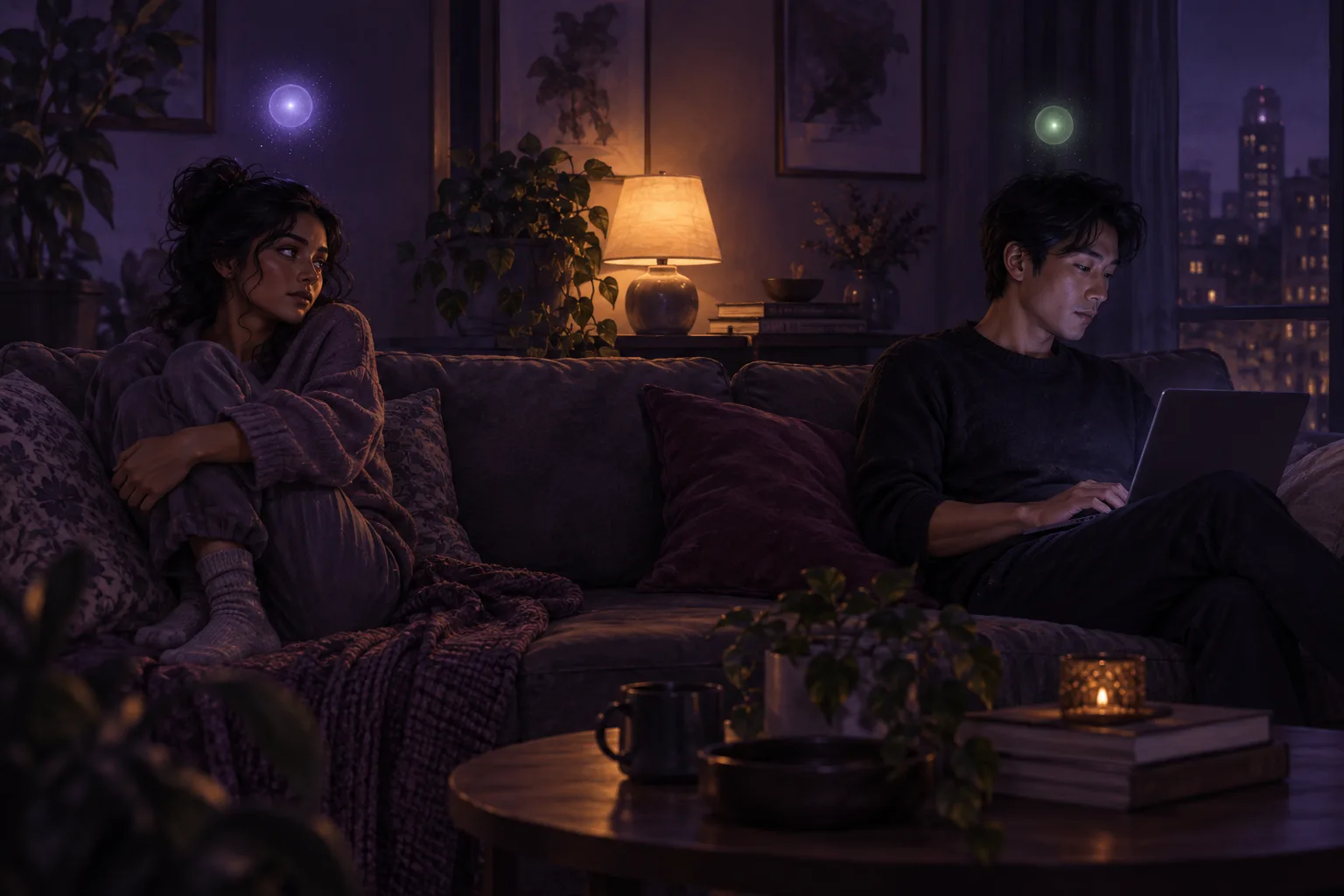 Illustration of a woman hugging her knees at one end of a sofa looking toward her partner, who is absorbed in a laptop at the other end, a lamp glowing between them