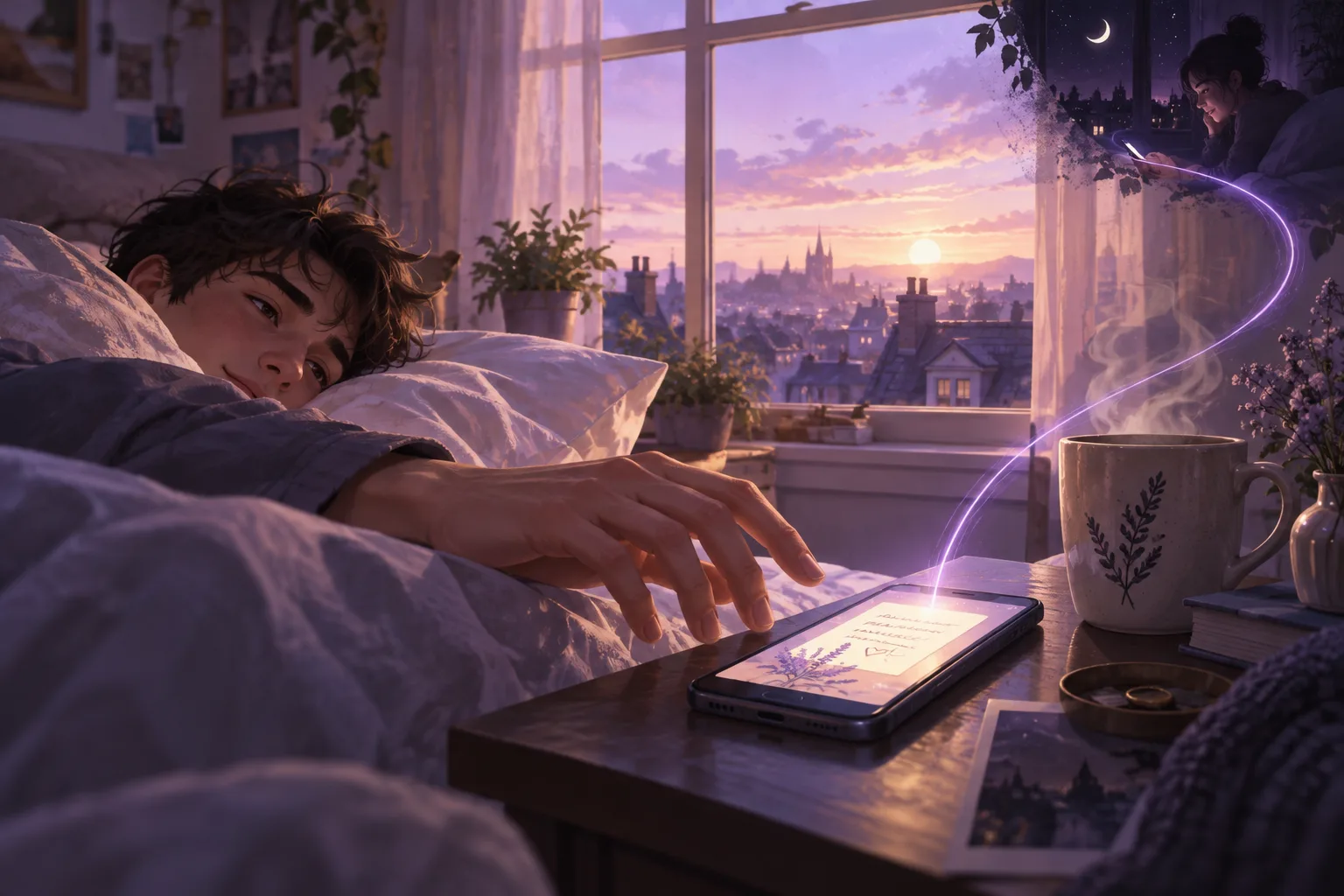 Illustration of a young man waking at lavender dawn and reaching for a glowing phone beside a steaming mug, while a ribbon of light leads to his partner texting under a night sky far away