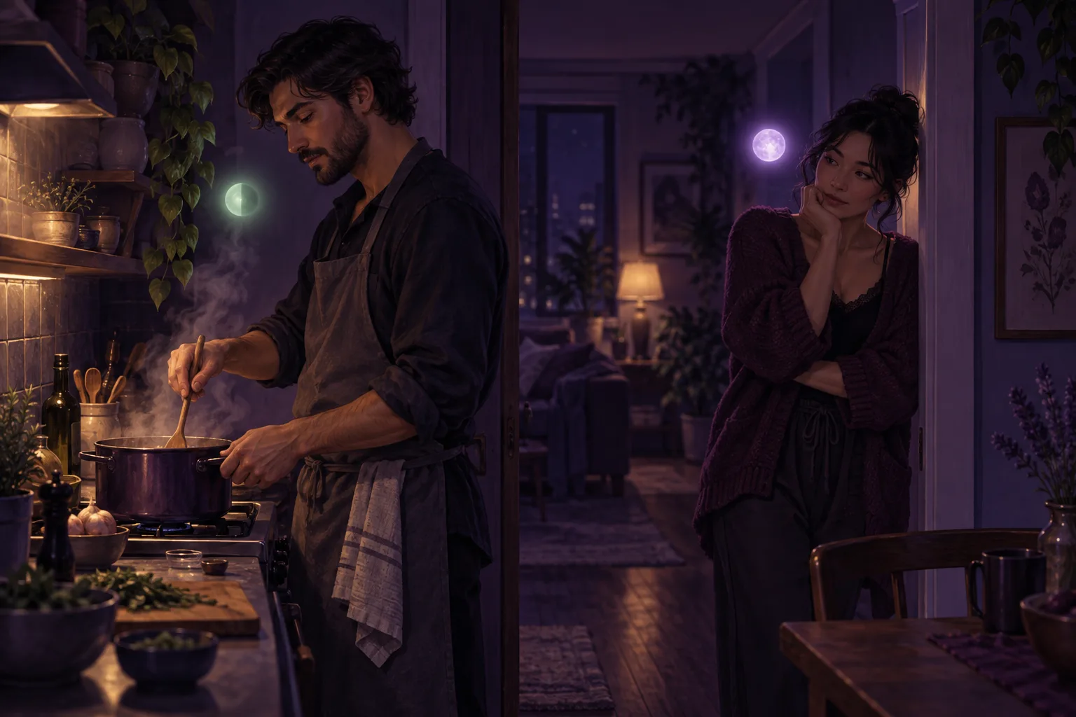 Illustration of a partner in a kitchen doorway at night watching the other cook, trying to read how they feel, with two soft glowing orbs in the air