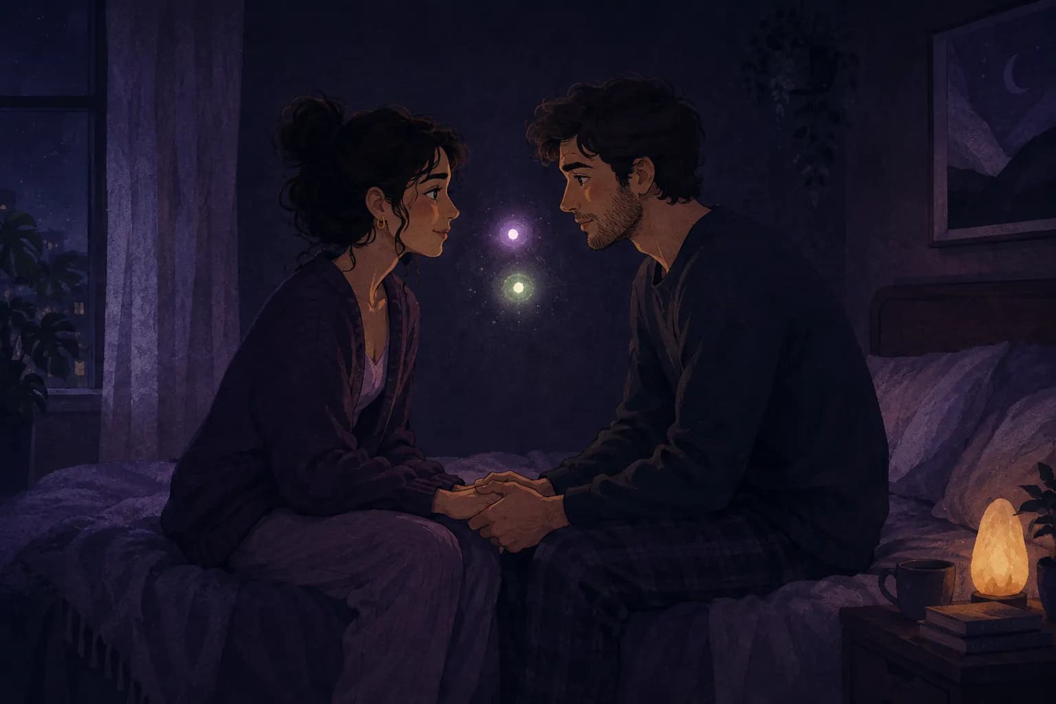 Illustration of a couple sitting on the edge of a bed at night, holding hands and facing each other, a lavender orb and a sage-green orb glowing between them
