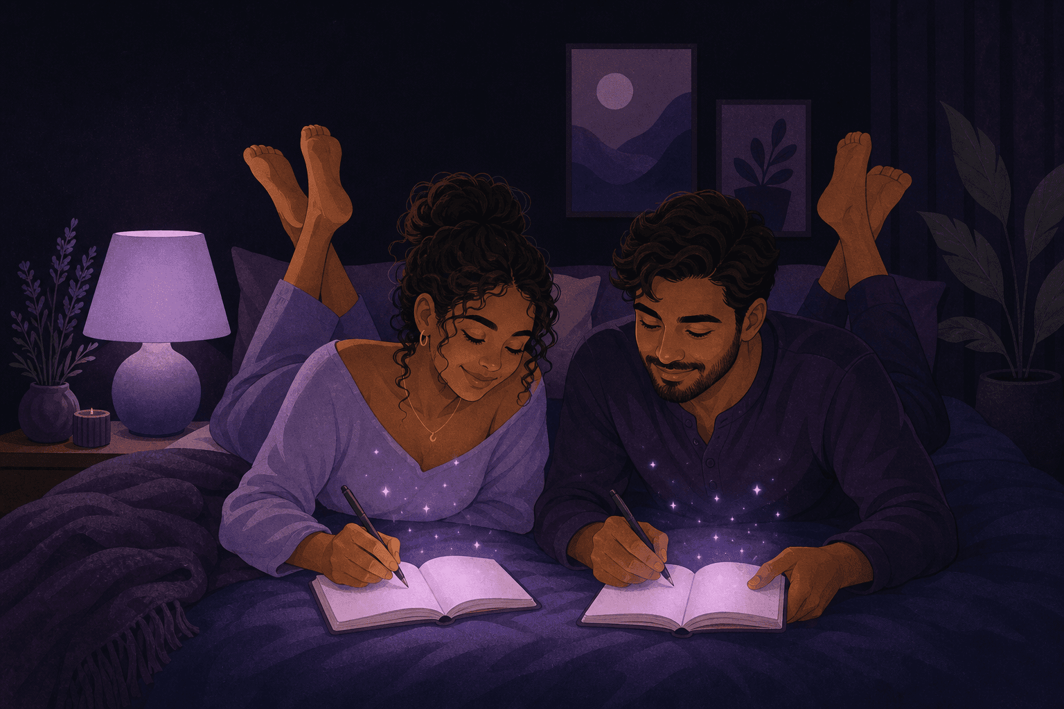 Illustration of a couple lying side by side on a bed at night, each writing in a small journal under soft lavender lamplight