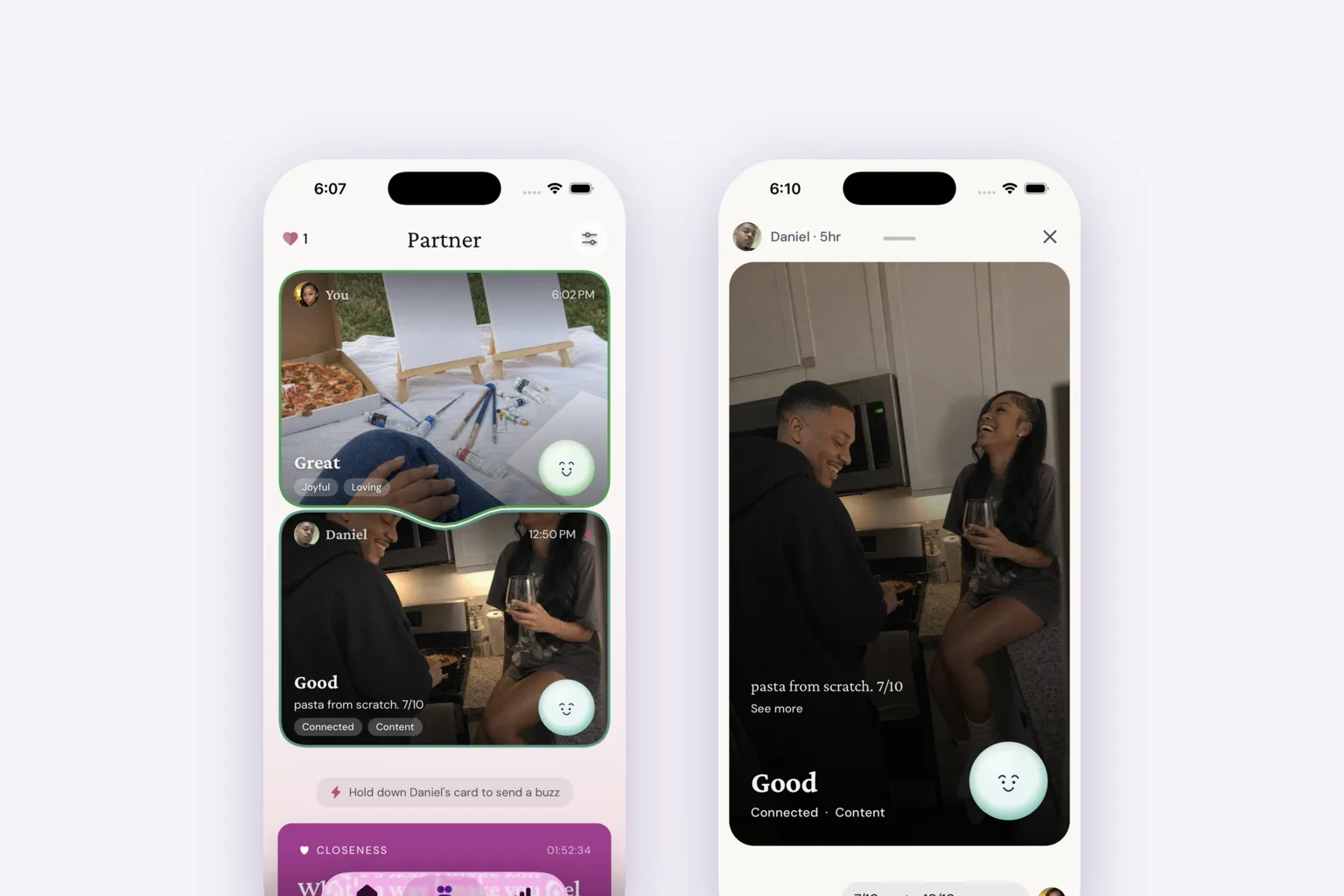 Two BeSeen screens: the Partner tab with both partners' photo check-ins, and a check-in opened full screen with the reply 7/10 pasta, 10/10 company