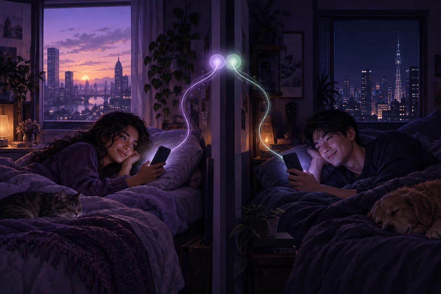 Illustration of two bedrooms in different cities, one at dawn and one at night, each partner in bed smiling at a phone while two glowing threads meet above the wall between them