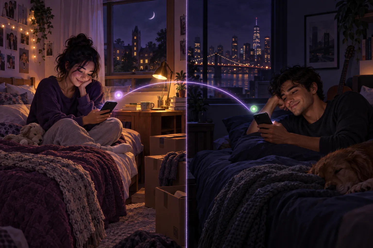 Illustration of a young couple in two separate bedrooms at night, one in a half-unpacked dorm room, each on their phone, joined by a soft lavender arc of light between the two phones