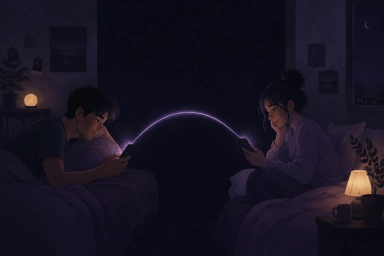 Illustration of two partners in separate bedrooms at night, each on their phone, with a soft lavender arc of light connecting the two phones across the dark