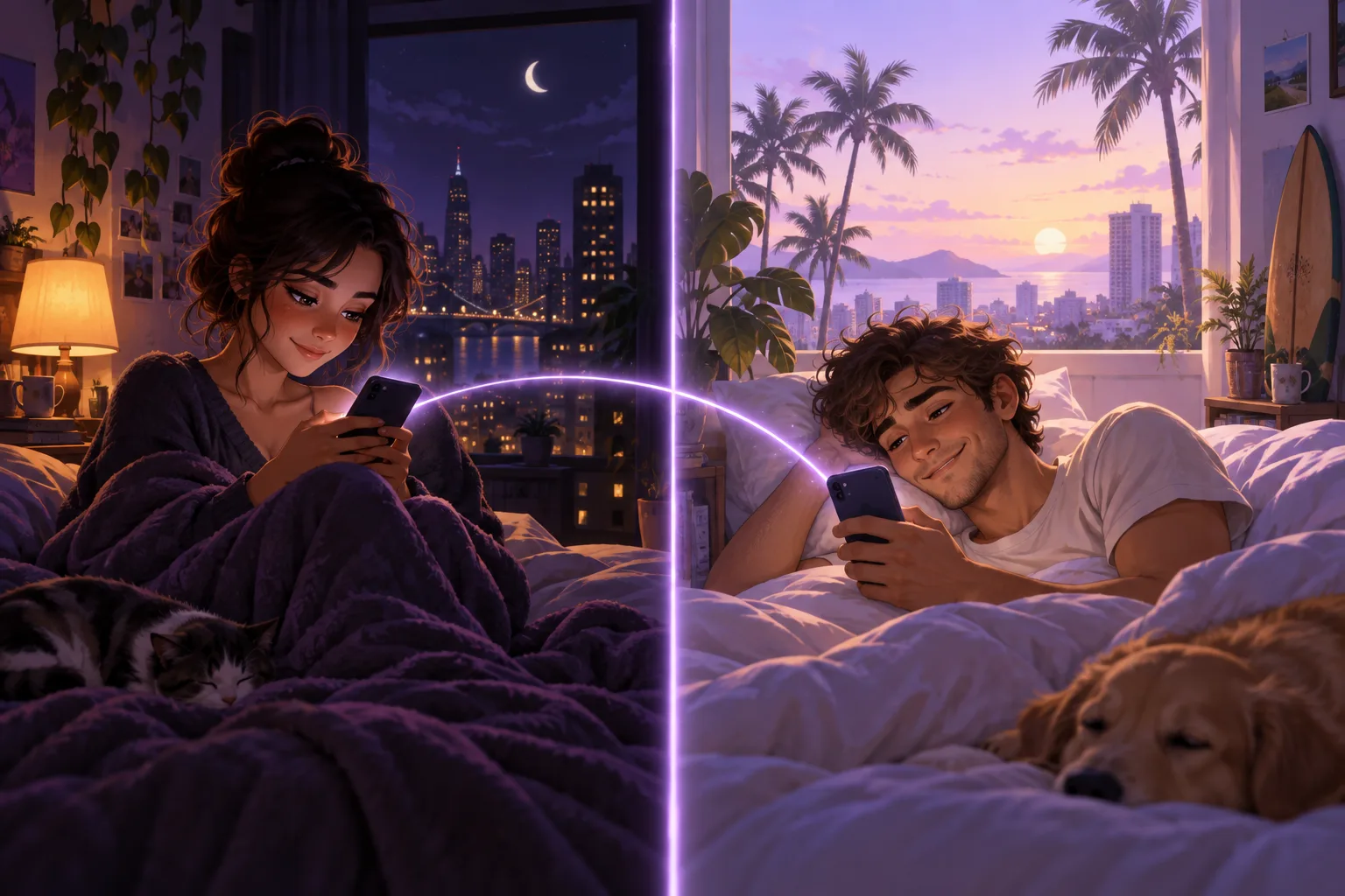 Illustration split down the middle: on the left a woman on her bed late at night with a city skyline and moon, on the right a man waking up in morning light in another city, joined by a soft lavender arc of light between their phones