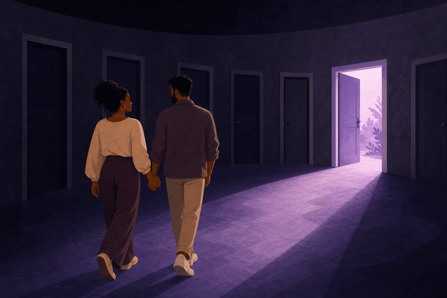 Illustration of a couple holding hands, walking past a row of dark doorways toward one open door glowing soft lavender