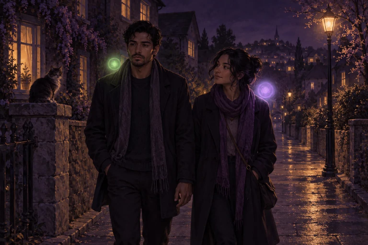 Illustration of a couple walking side by side under a streetlamp at night, one looking ahead with a closed expression beside a dim green orb, the other glancing over gently beside a bright lavender orb