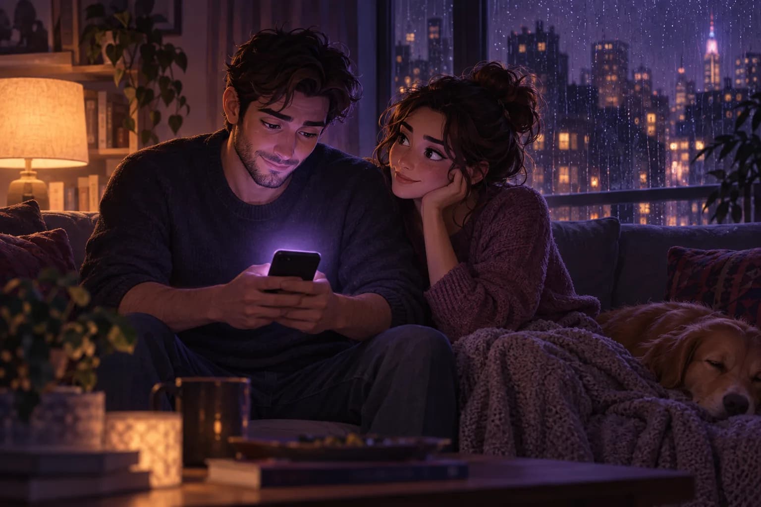 Illustration of a couple on a sofa on a rainy city evening, a man with a small half-smile looking down at his glowing phone while his partner leans on her hand and watches him, a dog asleep beside them