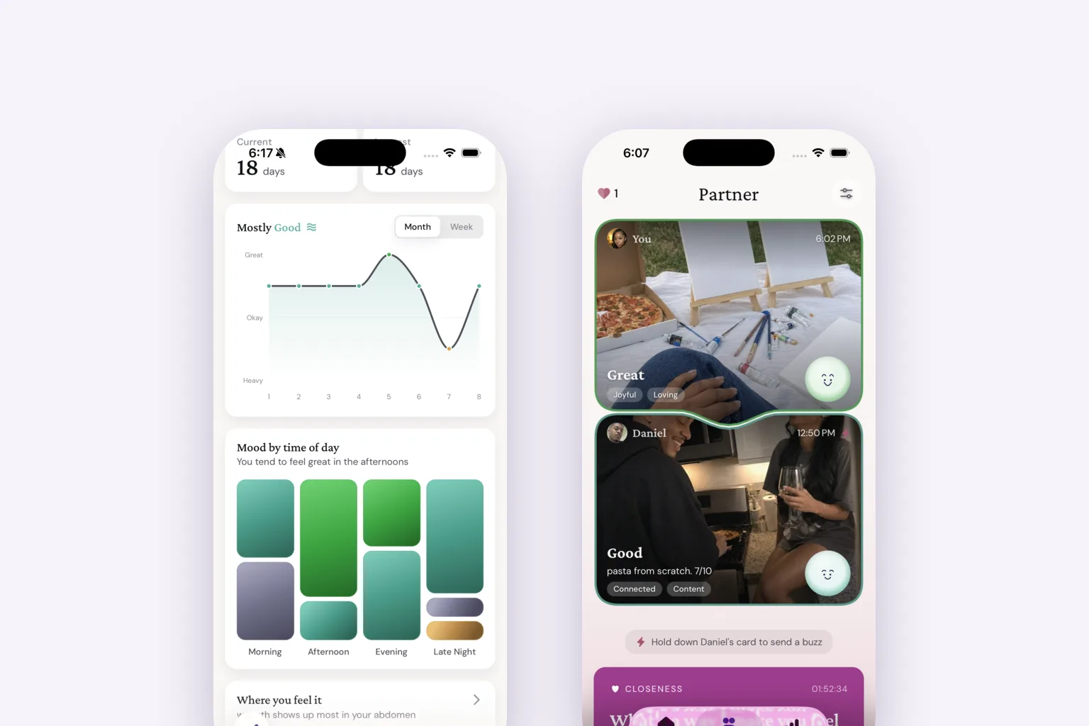 Two BeSeen screens: the weekly recap with the week's mood shape and a mood-by-time-of-day chart, and the Partner tab with both partners' photo check-ins