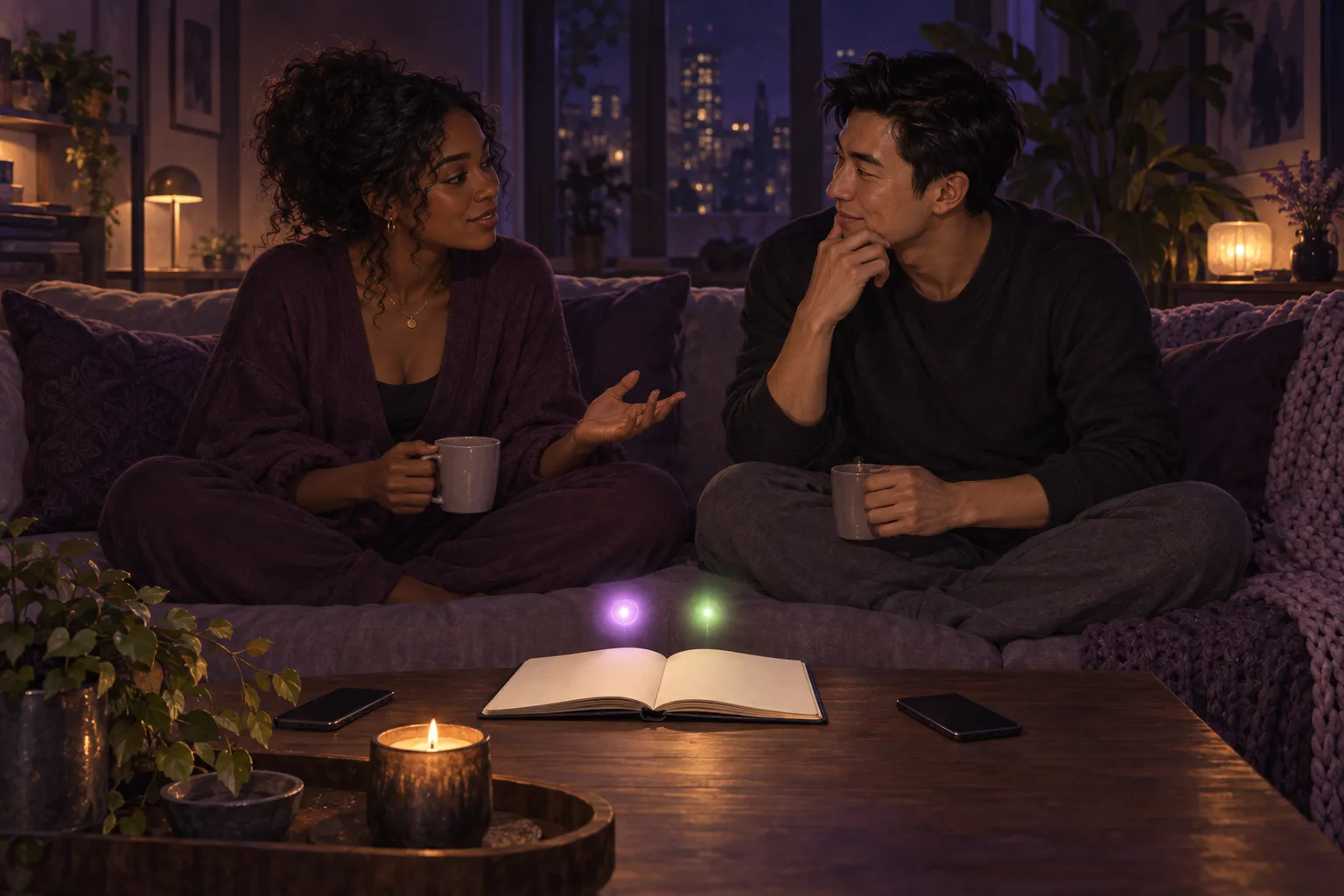 Illustration of a couple sitting cross-legged on a sofa facing each other with mugs, an open notebook and a candle on the table, two soft glowing orbs above the notebook