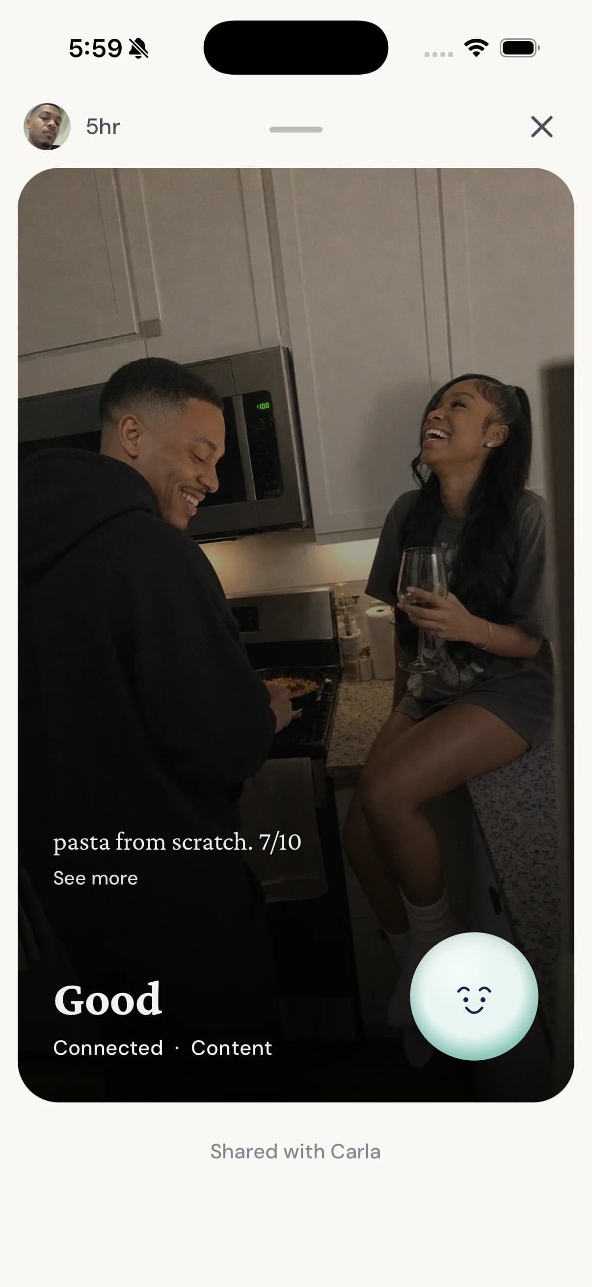 A finished check-in: a photo of the couple in the kitchen, the mood Good, the feelings Connected and Content, and the note pasta from scratch, shared with Carla.