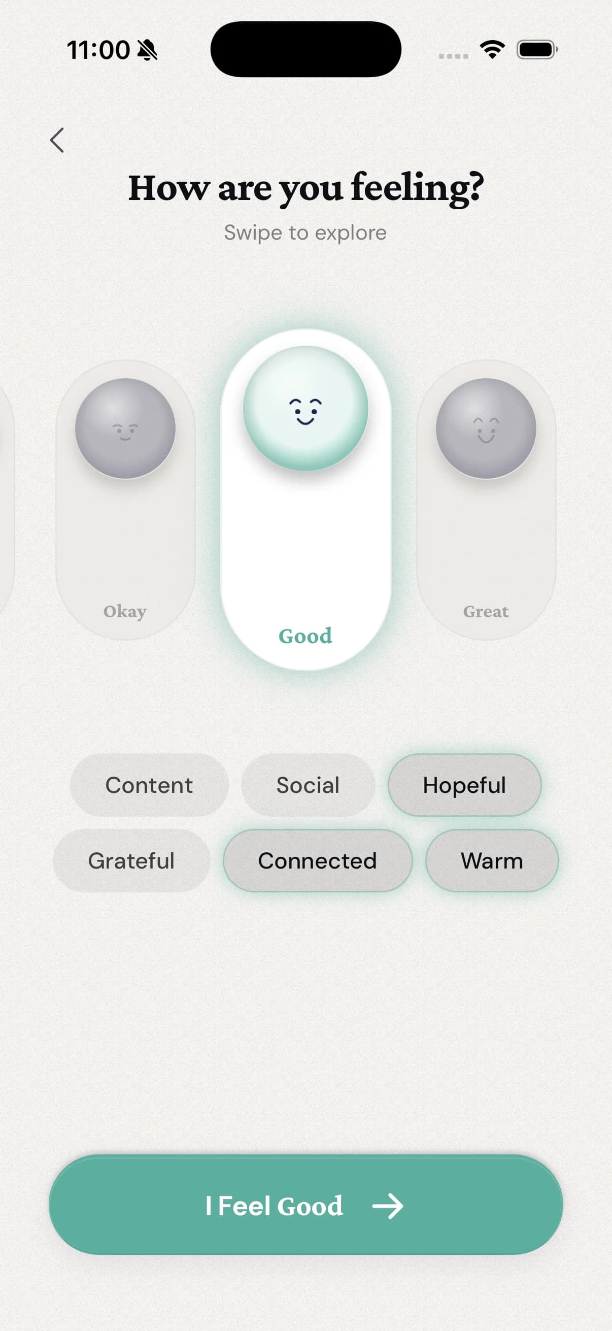 The BeSeen check-in screen, picking a mood from Heavy to Great.