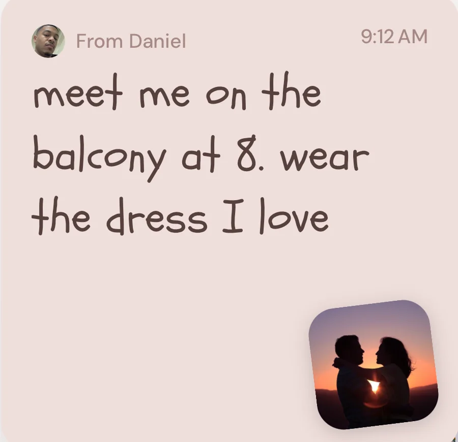A handwritten BeSeen love note with a sunset photo of the couple, as it lands on a partner's home screen.