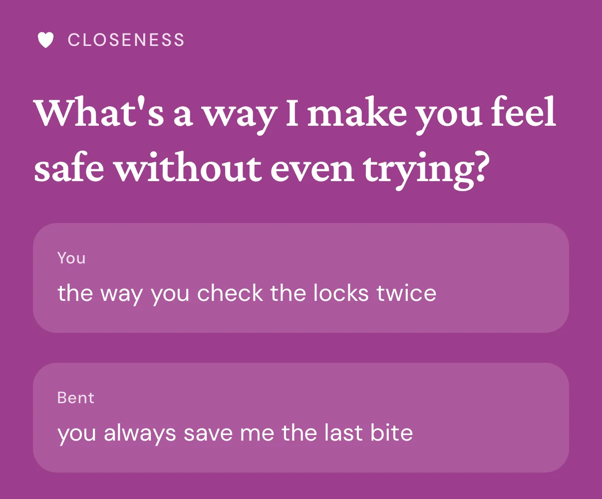 BeSeen's daily question, What's a way I make you feel safe without even trying?, with both partners' answers revealed.