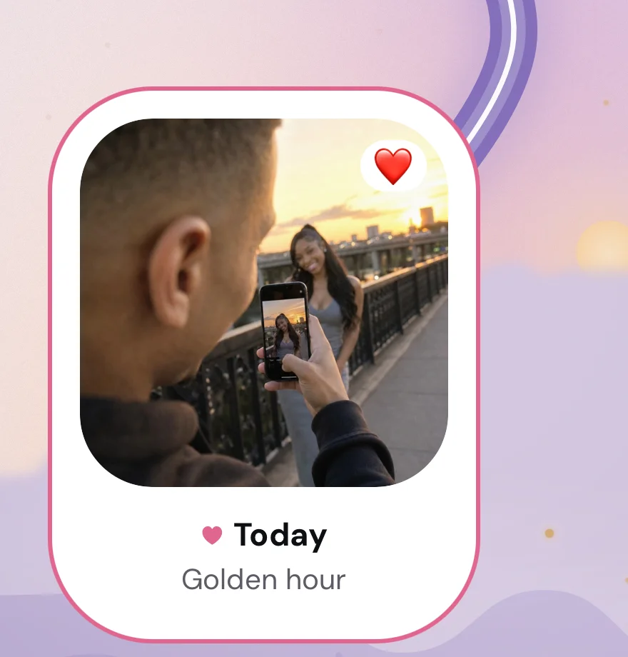 A timeline moment marked Today, Golden hour: a photo of him photographing her on a pier at sunset, with a heart reaction.