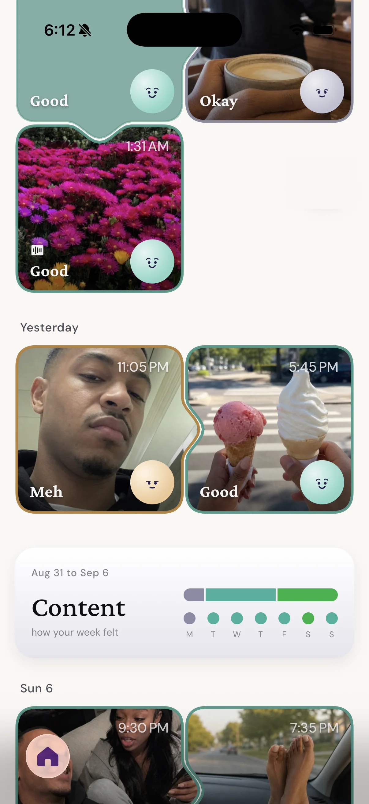 The Home tab: a wall of check-ins with photos of a couple cooking, a coffee, flowers and an ice cream, each labelled with its mood.