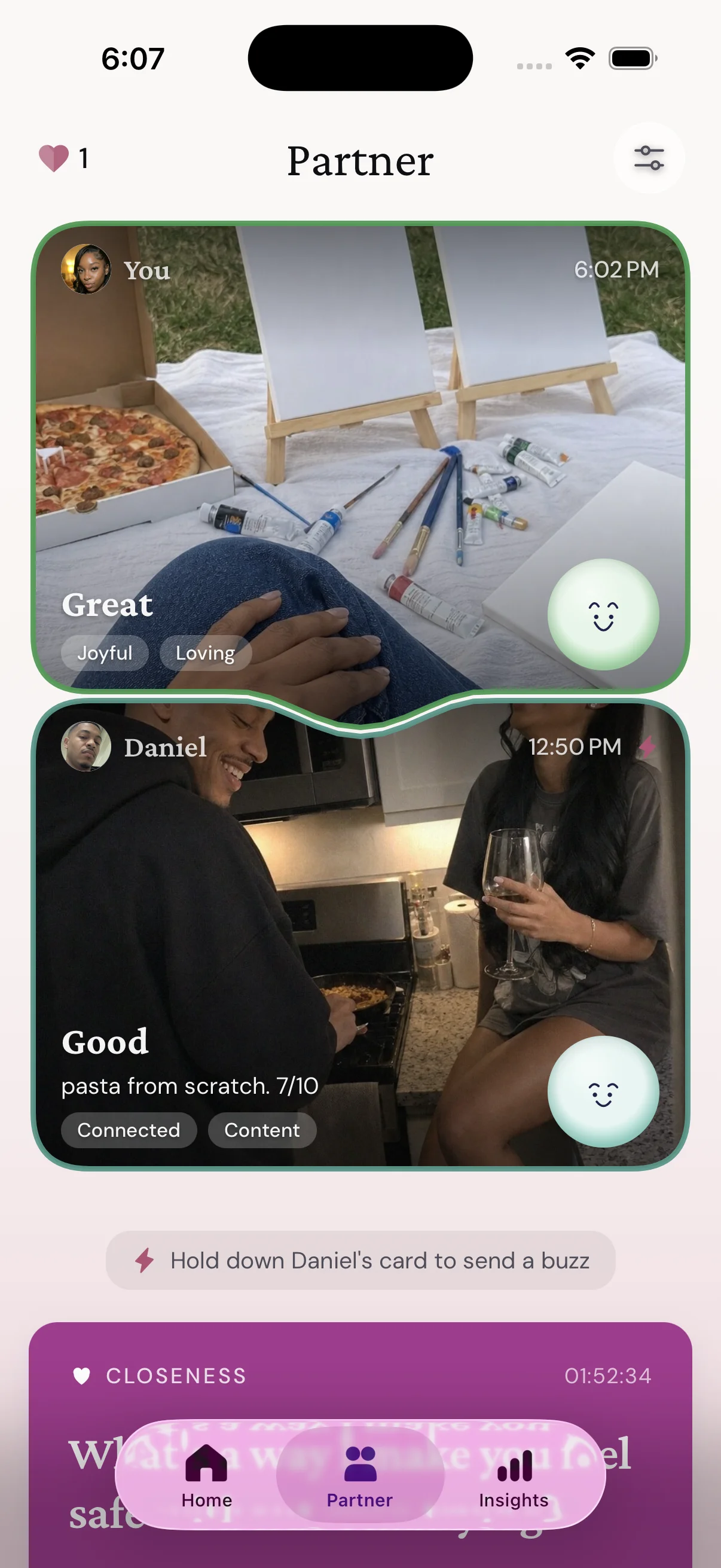 A partner's shared check-ins in BeSeen, with photos from their day.